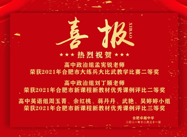 热烈祝贺我校孟宪锐、丁从顺等老师在合肥市教育局新课程新教材实施“大练兵、大比武”教学比赛中获奖！